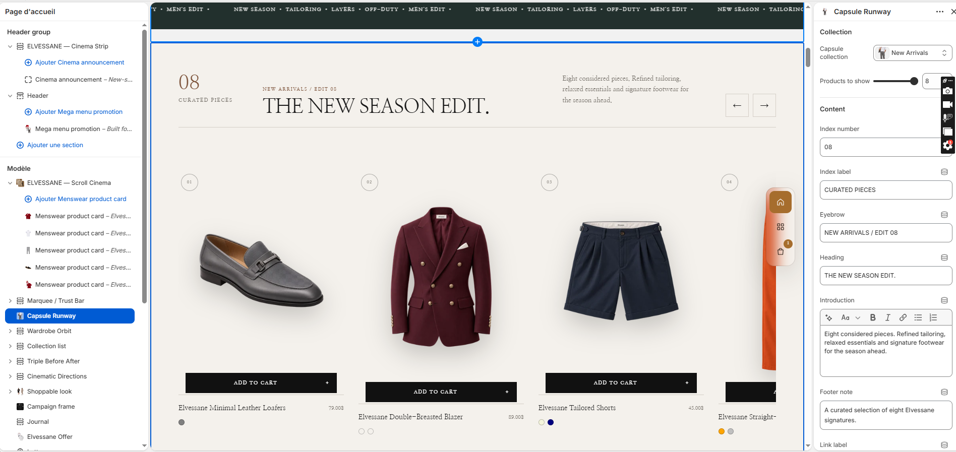 Capsule Runway in the Shopify Theme Editor